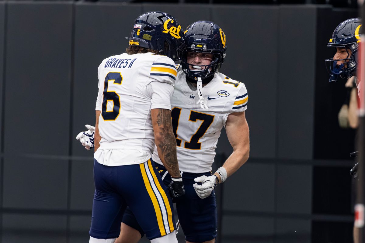 California Golden Bears RB Carson Perry-Smith (21) celebrates with teammate Emmanuel Okoye (6) after scoring a touchdown in the third quarter of a game against the UNLV Rebels on Saturday, October 03, 2026, at Allegiant Stadium in Las Vegas, Nevada. California Golden Bears RB Carson Perry-Smith (21) celebrates with teammate Emmanuel Okoye (6) after scoring a touchdown in the third quarter of a game against the UNLV Rebels on Saturday, October 03, 2026, at Allegiant Stadium in Las Vegas, Nevada.