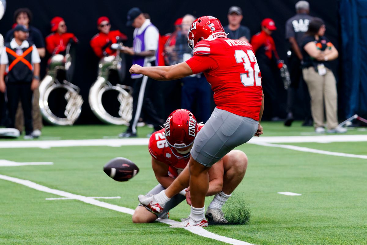 UNLV Football placekicker Ramon Villela (32) kicks a field goal during the second quarter of a game on Saturday, October 3, 2026, at Allegiant Stadium. UNLV Football placekicker Ramon Villela (32) kicks a field goal during the second quarter of a game on Saturday, October 3, 2026, at Allegiant Stadium.