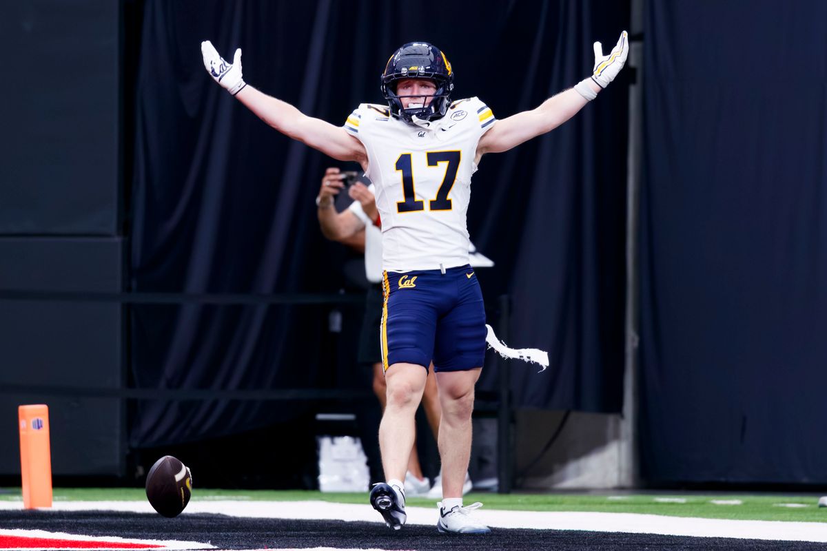 California Golden Bears running back Carson Berry-Smith (17) celebrates scoring a touch down during the third quarter of a game on Saturday, October 3, 2026, at Allegiant Stadium. California Golden Bears running back Carson Berry-Smith (17) celebrates scoring a touch down during the third quarter of a game on Saturday, October 3, 2026, at Allegiant Stadium.