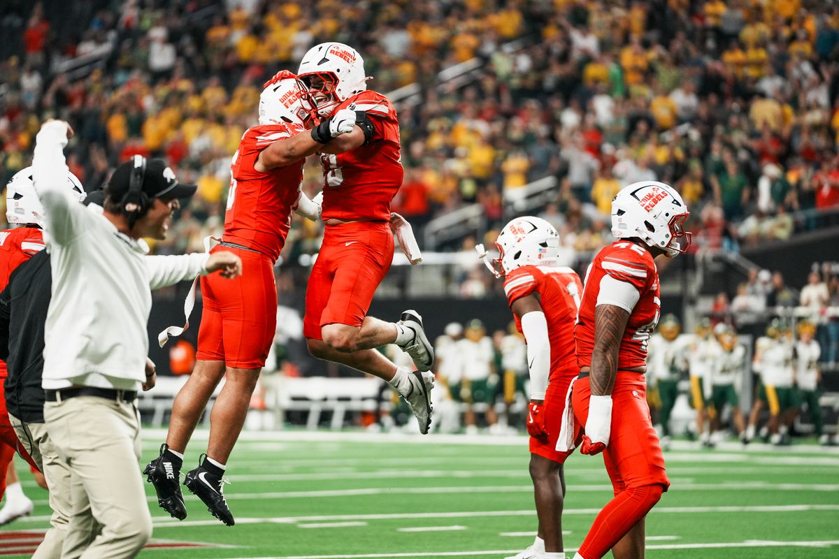 UNLV defense celebrates after stopping North Dakota State on a fourth down during first half of college football game against North Dakota State on Saturday October 10, 2026 at Allegiant Stadium in Las Vegas. UNLV defense celebrates after stopping North Dakota State on a fourth down during first half of college football game against North Dakota State on Saturday October 10, 2026 at Allegiant Stadium in Las Vegas.