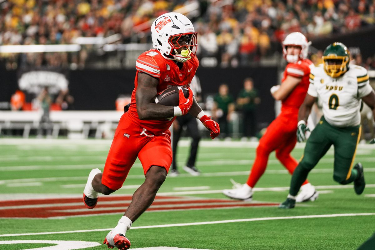 UNLV running back Jai’Den Thomas (9) carries the ball downfield during second half of college football game against North Dakota State on Saturday October 10, 2026 at Allegiant Stadium in Las Vegas. UNLV running back Jai’Den Thomas (9) carries the ball downfield during second half of college football game against North Dakota State on Saturday October 10, 2026 at Allegiant Stadium in Las Vegas.