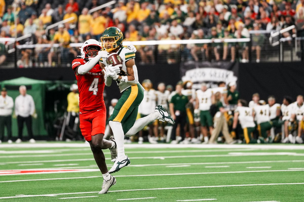UNLV defensive back Tony-Louis Nkuba (4) tackles North Dakota State wide receiver Jackson Williams (18) after a completed pass during second half of college football game against North Dakota State on Saturday October 10, 2026 at Allegiant Stadium in Las Vegas. UNLV defensive back Tony-Louis Nkuba (4) tackles North Dakota State wide receiver Jackson Williams (18) after a completed pass during second half of college football game against North Dakota State on Saturday October 10, 2026 at Allegiant Stadium in Las Vegas.