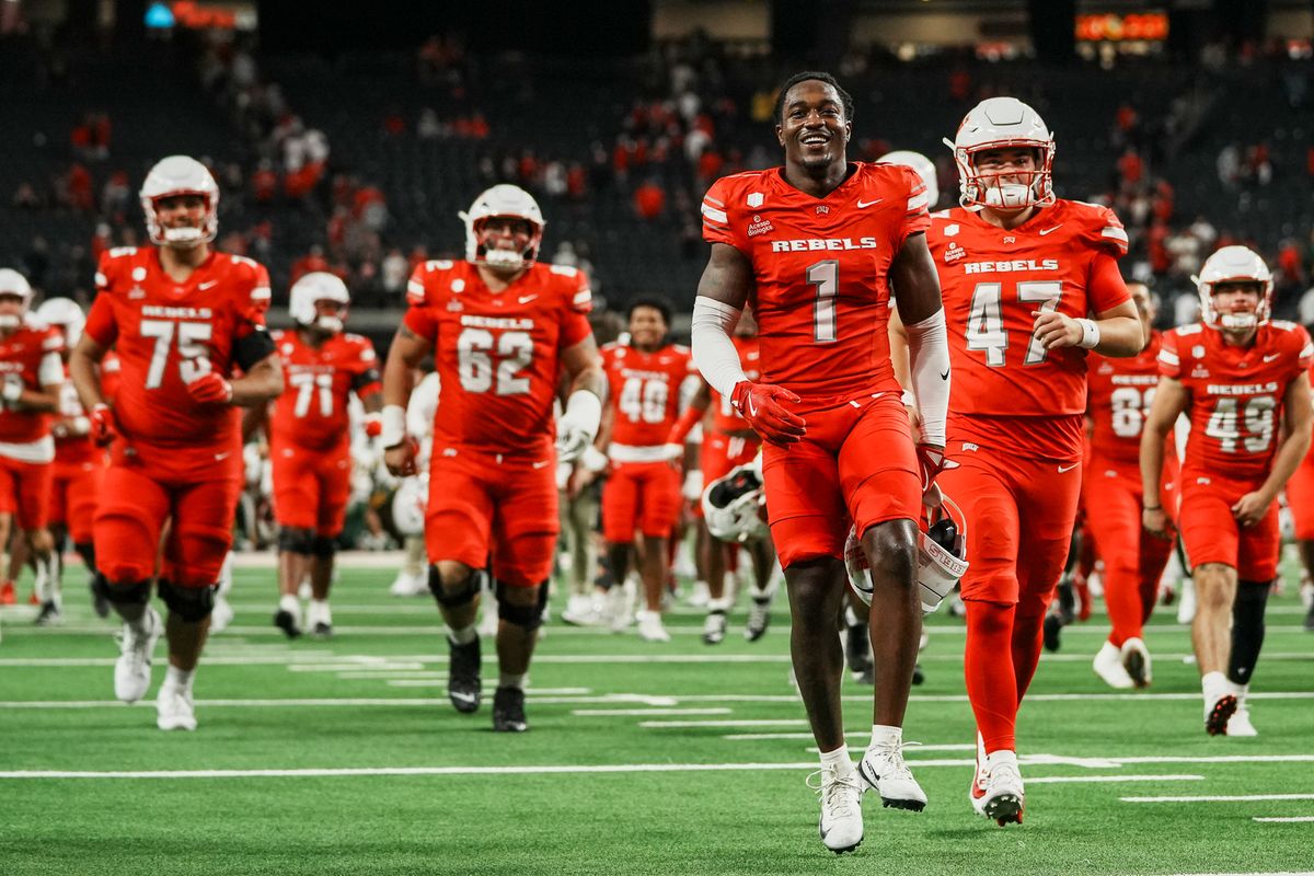 UNLV defensive back Mumu Bin-Wahad (1) leads his team to celebrate with their fans after defeating North Dakota State in college football game on Saturday October 10, 2026 at Allegiant Stadium in Las Vegas. UNLV defensive back Mumu Bin-Wahad (1) leads his team to celebrate with their fans after defeating North Dakota State in college football game on Saturday October 10, 2026 at Allegiant Stadium in Las Vegas.