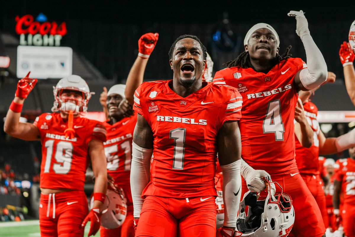 UNLV defensive back Mumu Bin-Wahad (1) and Tony-Louis Nkuba (4) celebrate with their team after defeating North Dakota State in college football game on Saturday October 10, 2026 at Allegiant Stadium in Las Vegas. UNLV defensive back Mumu Bin-Wahad (1) and Tony-Louis Nkuba (4) celebrate with their team after defeating North Dakota State in college football game on Saturday October 10, 2026 at Allegiant Stadium in Las Vegas.