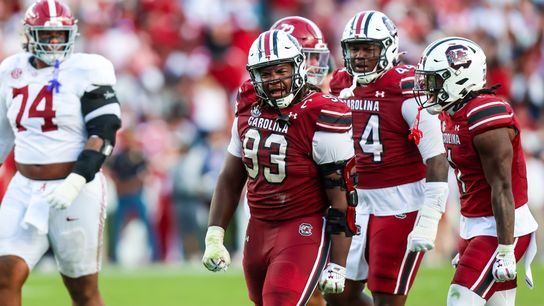 Oct 25, 2025; Columbia, South Carolina, USA; South Carolina Gamecocks defensive lineman Nick Barrett (93) reacts to a stop against the Alabama Crimson Tide in the second half at Williams-Brice Stadium. 