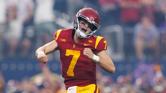 Miller Moss #7 of the USC Trojans celebrates during the Modelo Vegas Kickoff Classic against LSU Tigers at Allegiant Stadium on September 1, 2024 in Las Vegas, Nevada. Miller Moss #7 of the USC Trojans celebrates during the Modelo Vegas Kickoff Classic against LSU Tigers at Allegiant Stadium on September 1, 2024 in Las Vegas, Nevada.