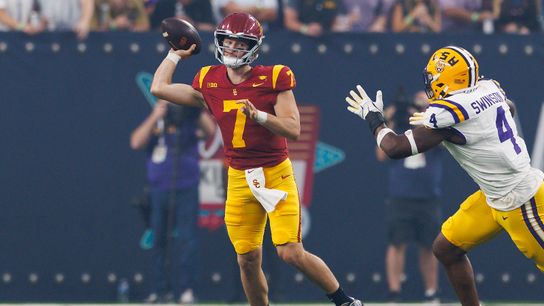 Miller Moss #7 of the USC Trojans throws during the Modelo Vegas Kickoff Classic against LSU Tigers at Allegiant Stadium on September 1, 2024 in Las Vegas, Nevada. Miller Moss #7 of the USC Trojans throws during the Modelo Vegas Kickoff Classic against LSU Tigers at Allegiant Stadium on September 1, 2024 in Las Vegas, Nevada.
