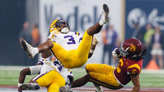 Makai Lemon #6 of the USC Trojans is tackled during the Modelo Vegas Kickoff Classic against LSU Tigers at Allegiant Stadium on September 1, 2024 in Las Vegas, Nevada. Makai Lemon #6 of the USC Trojans is tackled during the Modelo Vegas Kickoff Classic against LSU Tigers at Allegiant Stadium on September 1, 2024 in Las Vegas, Nevada.
