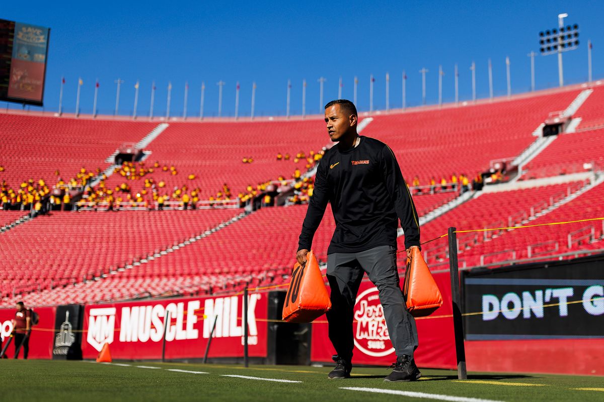 USC grounds crew sets up the field before a game against Nebraska Cornhuskers, November 16 2024 at The Los Angeles Memorial Coliseum in Los Angeles. 
