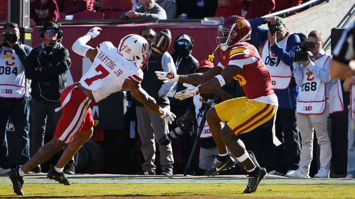 Southern California wide receiver Kyron Hudson (10) catches a first half touchdown pass during a game against the Nebraska Cornhuskers, Saturday, November 16, 2024 at the Coliseum in Los Angeles, Calif. Southern California wide receiver Kyron Hudson (10) catches a first half touchdown pass during a game against the Nebraska Cornhuskers, Saturday, November 16, 2024 at the Coliseum in Los Angeles, Calif.