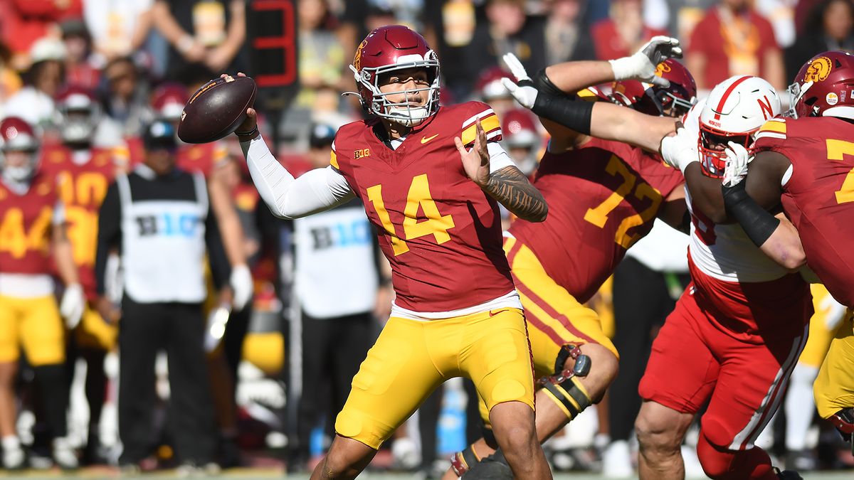 Southern California quarterback Jayden Maiava (14) throws during the first half of a game against the Nebraska Cornhuskers, Saturday, November 16, 2024 at the Coliseum in Los Angeles, Calif. (Nick Lucero - The Sporting Tribune) Southern California quarterback Jayden Maiava (14) throws during the first half of a game against the Nebraska Cornhuskers, Saturday, November 16, 2024 at the Coliseum in Los Angeles, Calif. (Nick Lucero - The Sporting Tribune)