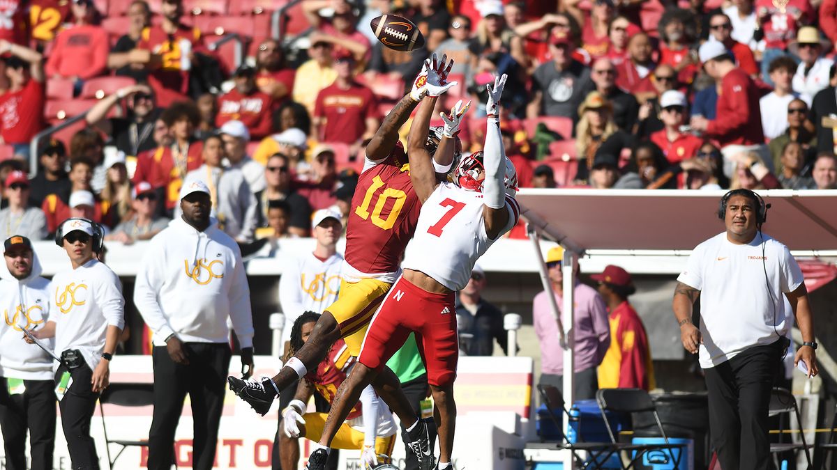 Southern California wide receiver Kyron Hudson (10) goes up for a contested ball during a game against the Nebraska Cornhuskers, Saturday, November 16, 2024 at the Coliseum in Los Angeles, Calif. Southern California wide receiver Kyron Hudson (10) goes up for a contested ball during a game against the Nebraska Cornhuskers, Saturday, November 16, 2024 at the Coliseum in Los Angeles, Calif.