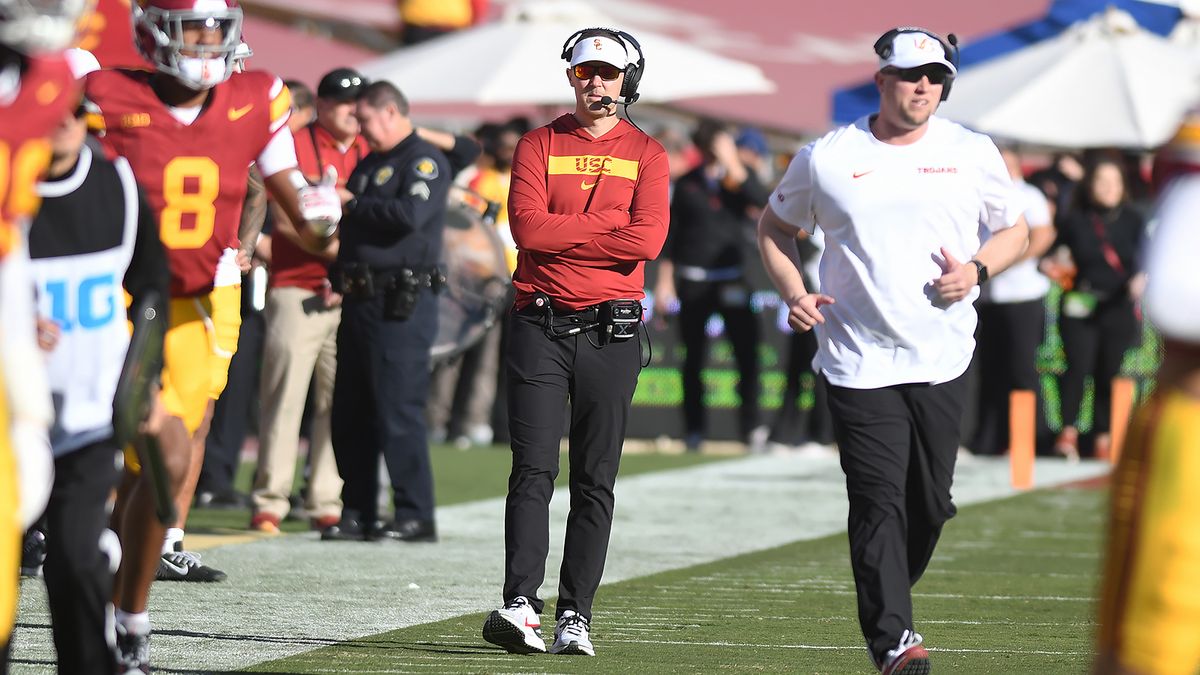Southern California head coach Lincoln Riley watches on during the second half of a game against the Nebraska Cornhuskers, Saturday, November 16, 2024 at the Coliseum in Los Angeles, Calif. Southern California head coach Lincoln Riley watches on during the second half of a game against the Nebraska Cornhuskers, Saturday, November 16, 2024 at the Coliseum in Los Angeles, Calif.