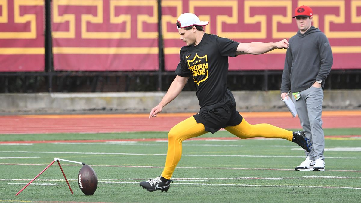 USC Trojans Kicker Michael Lantz works out in front of NFL scouts during USC’s Pro Day on Wednesday, March 12, 2025 in Los Angeles, Calif. USC Trojans Kicker Michael Lantz works out in front of NFL scouts during USC’s Pro Day on Wednesday, March 12, 2025 in Los Angeles, Calif.