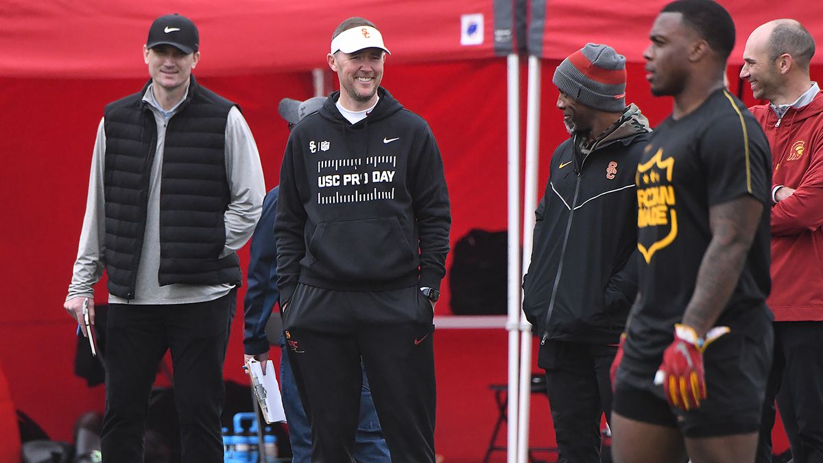USC Trojans head coach Lincoln Riley watches his players work out in front of NFL scouts during USC’s Pro Day on Wednesday, March 12, 2025 in Los Angeles, Calif. USC Trojans head coach Lincoln Riley watches his players work out in front of NFL scouts during USC’s Pro Day on Wednesday, March 12, 2025 in Los Angeles, Calif.