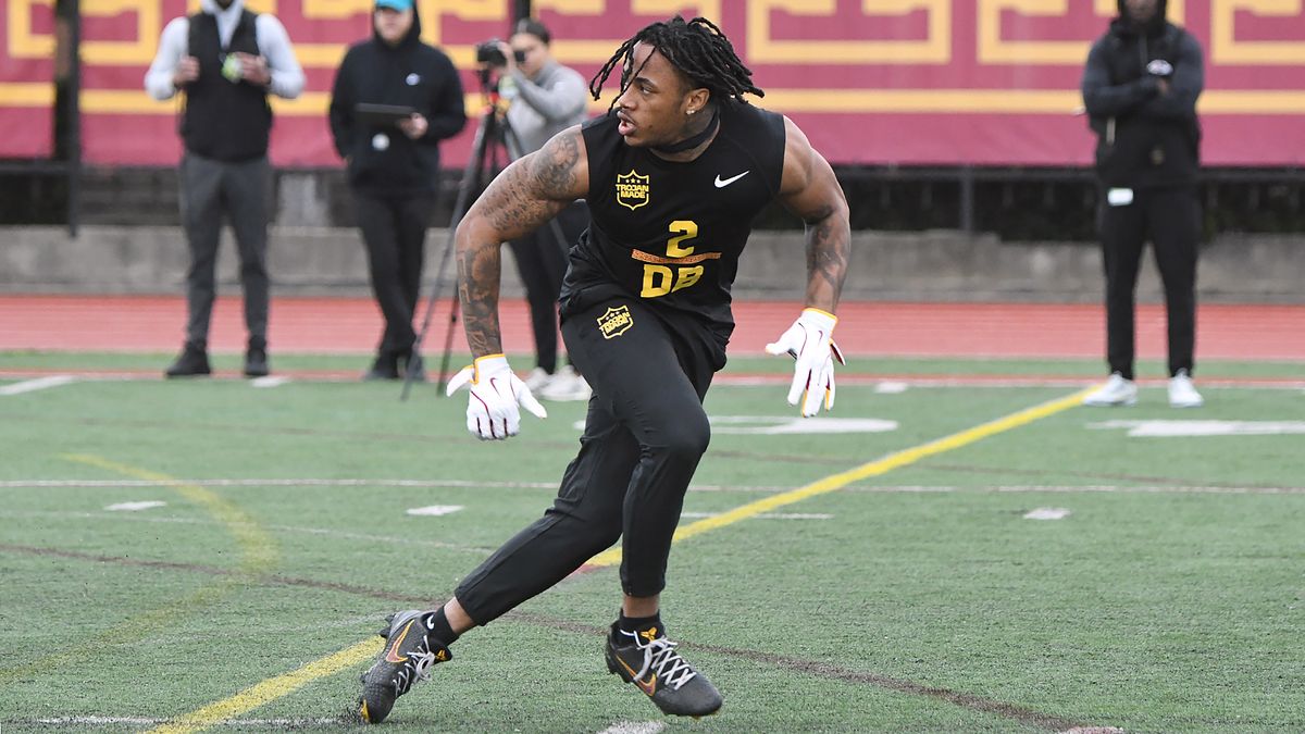 USC Trojans defensive back Jaylin Smith works out in front of NFL scouts during USC’s Pro Day on Wednesday, March 12, 2025 in Los Angeles, Calif. USC Trojans defensive back Jaylin Smith works out in front of NFL scouts during USC’s Pro Day on Wednesday, March 12, 2025 in Los Angeles, Calif.