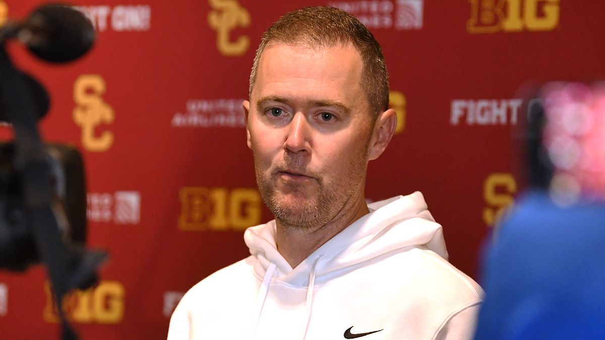 USC football head coach Lincoln Riley talks with the media during USC Football’s fourth-annual media day on Monday, July 28, 2025 hosted in Bashor Lounge in Heritage Hall on USC’s campus in Los Angeles, California.