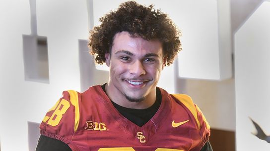 USC football linebacker Kennedy Urlacher talks with the media during USC Football’s fourth-annual media day on Monday, July 28, 2025 hosted in Bashor Lounge in Heritage Hall on USC’s campus in Los Angeles, California.