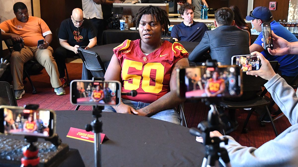 USC football offensive lineman J’Onre Reed talks with the media during USC Football’s fourth-annual media day on Monday, July 28, 2025 hosted in Bashor Lounge in Heritage Hall on USC’s campus in Los Angeles, California.