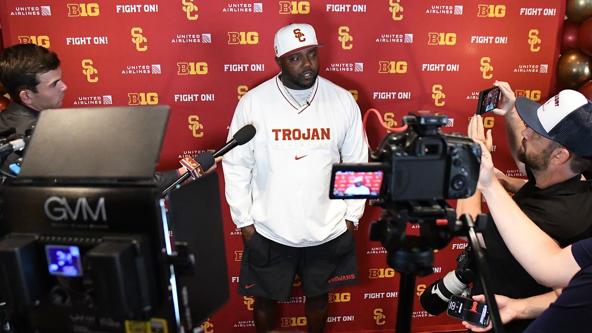 USC football defensive lineman Eric Henderson talks with the media during USC Football’s fourth-annual media day on Monday, July 28, 2025 hosted in Bashor Lounge in Heritage Hall on USC’s campus in Los Angeles, California.