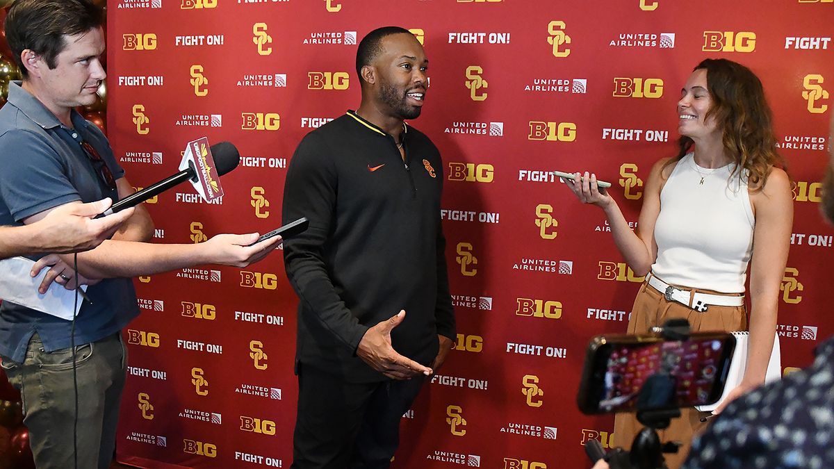 USC football secondary coach Doug Belk talks with the media during USC Football’s fourth-annual media day on Monday, July 28, 2025 hosted in Bashor Lounge in Heritage Hall on USC’s campus in Los Angeles, California.