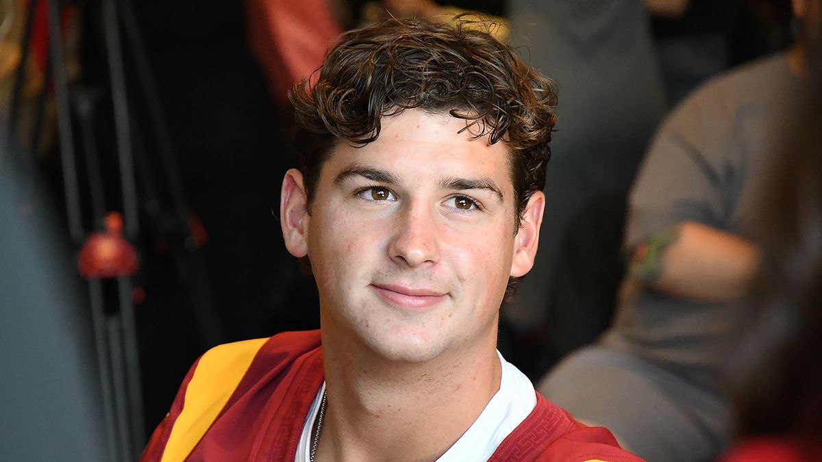 USC football quarterback Sam Huard talks with the media during USC Football’s fourth-annual media day on Monday, July 28, 2025 hosted in Bashor Lounge in Heritage Hall on USC’s campus in Los Angeles, California.