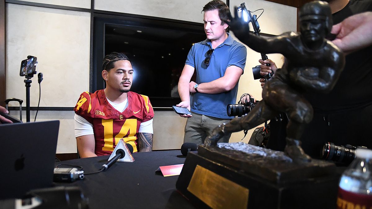 USC football quarterback Jayden Maiava talks with the media during USC Football’s fourth-annual media day on Monday, July 28, 2025 hosted in Bashor Lounge in Heritage Hall on USC’s campus in Los Angeles, California.