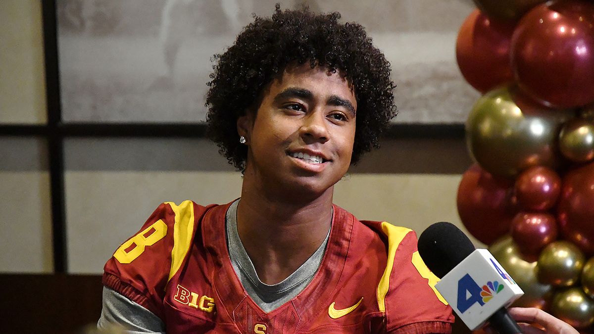USC football wide receiver Ja’Kobi Lane talks with the media during USC Football’s fourth-annual media day on Monday, July 28, 2025 hosted in Bashor Lounge in Heritage Hall on USC’s campus in Los Angeles, California.