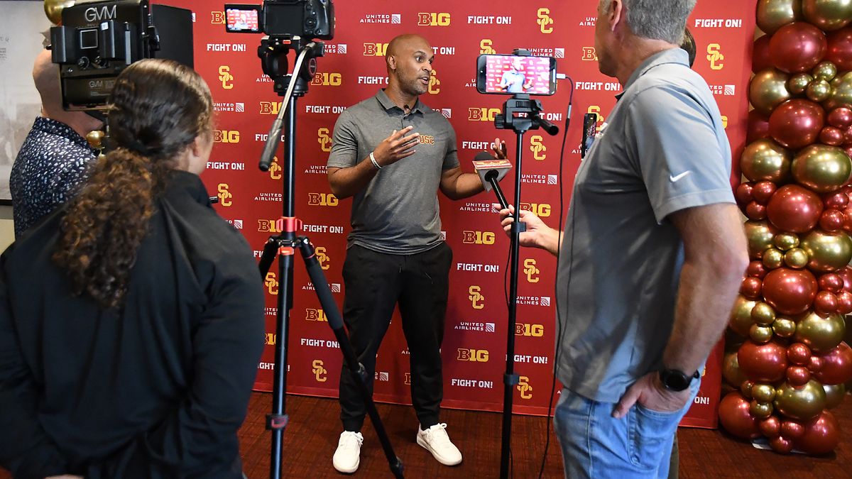 USC football defensive coordinator D’Anton Lynn talks with the media during USC Football’s fourth-annual media day on Monday, July 28, 2025 hosted in Bashor Lounge in Heritage Hall on USC’s campus in Los Angeles, California.