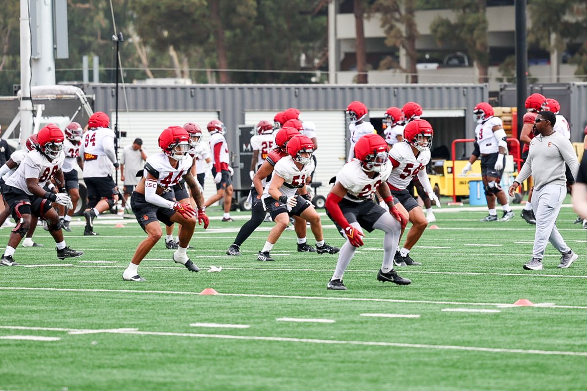 USC Defensive Tackle Floyd Boucard (88) warms up during fall practice, Friday August 1, 2025 in Los Angeles. USC Defensive Tackle Floyd Boucard (88) warms up during fall practice, Friday August 1, 2025 in Los Angeles.