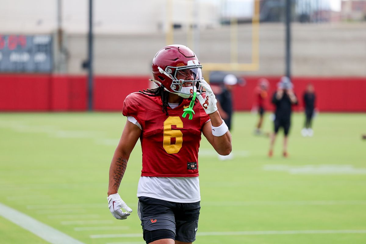 USC Wide Receiver Makai Lemon (6) walks back to his station during fall practice, Friday August 1, 2025 in Los Angeles. USC Wide Receiver Makai Lemon (6) walks back to his station during fall practice, Friday August 1, 2025 in Los Angeles.