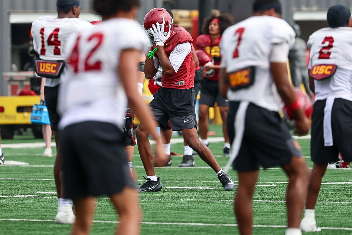 USC Wide Receiver Ja'Kobi Lane (8) gets hype during fall practice, Friday August 1, 2025 in Los Angeles. USC Wide Receiver Ja'Kobi Lane (8) gets hype during fall practice, Friday August 1, 2025 in Los Angeles.