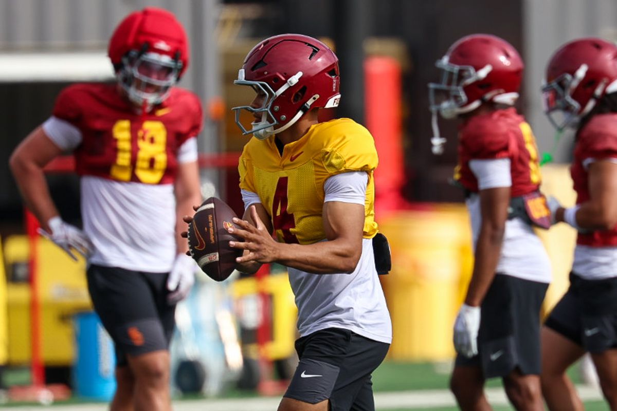 USC Quarterback Husan Longstreet (4) throws during fall practice, Friday August 1, 2025 in Los Angeles. USC Quarterback Husan Longstreet (4) throws during fall practice, Friday August 1, 2025 in Los Angeles.