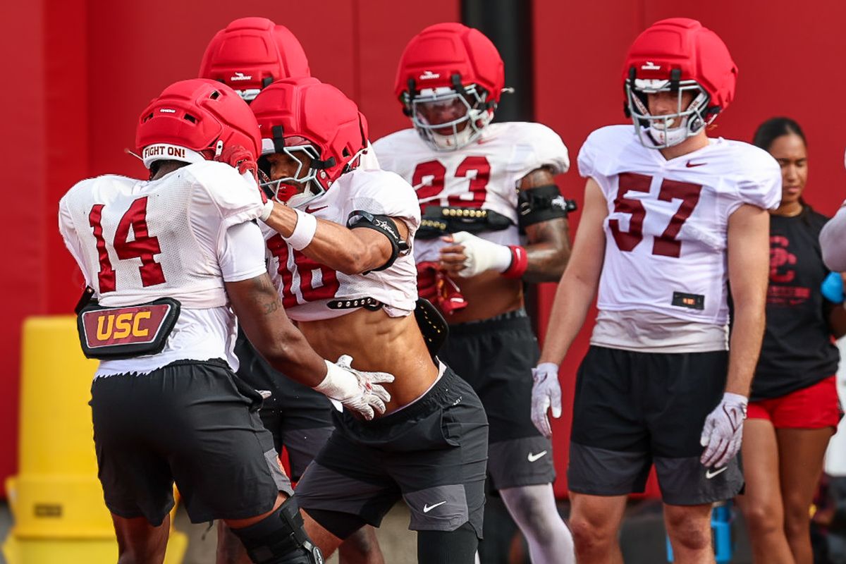 USC Linebacker Eric Genry (18) competes during fall practice, Friday August 1, 2025 in Los Angeles. USC Linebacker Eric Genry (18) competes during fall practice, Friday August 1, 2025 in Los Angeles.
