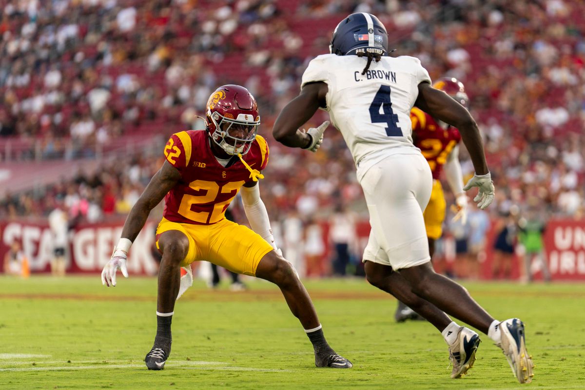 Southern California Trojans cornerback Braylon Conley (22) guards the Eagles receiver during an NCAA football game against the Georgia Southern Eagles, Saturday September 6th, 2025 in Los Angeles, California. 