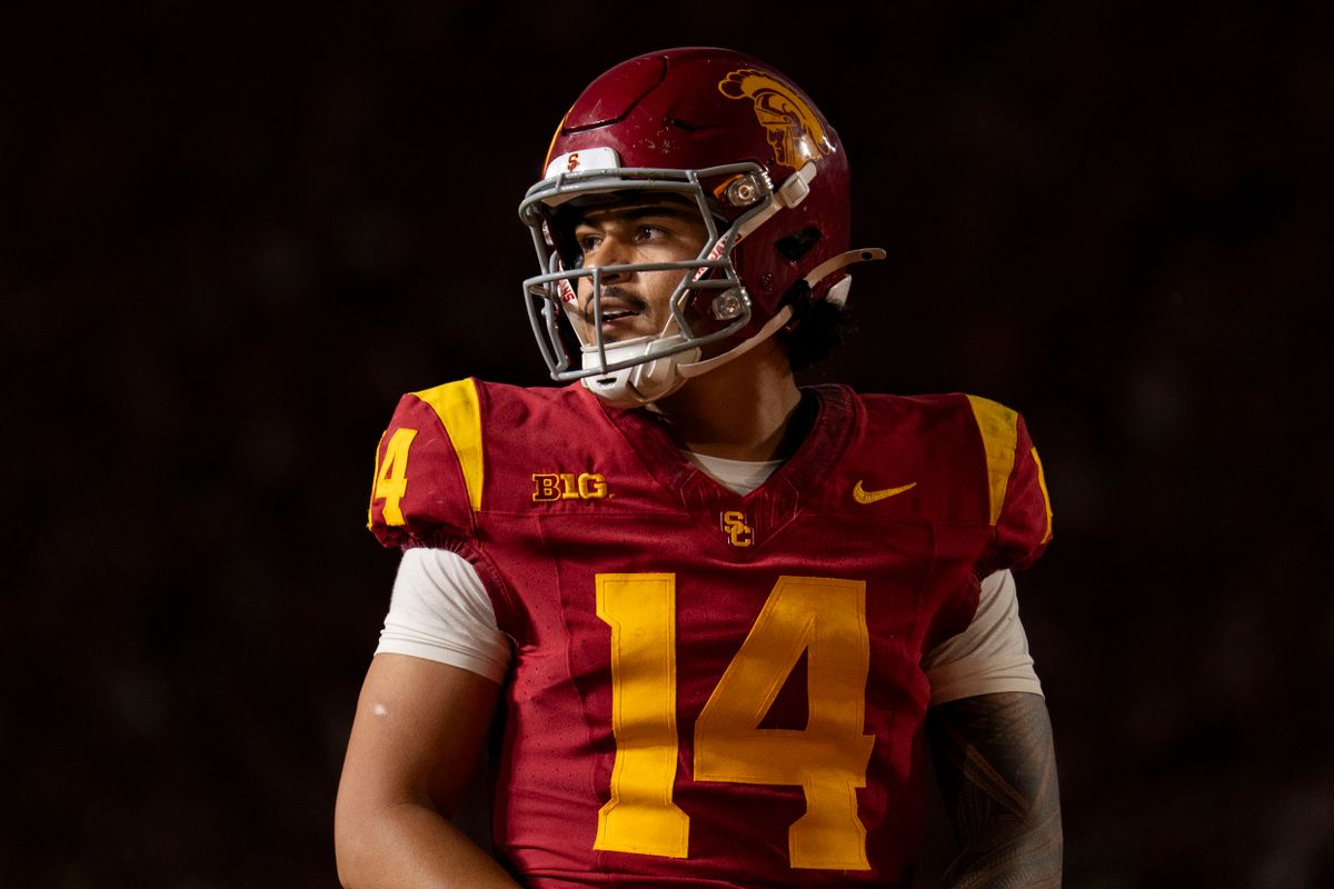 Southern California Trojans quarterback Jayden Maiava (14) during an NCAA football game against the Georgia Southern Eagles, Saturday September 6th, 2025 in Los Angeles, California. 