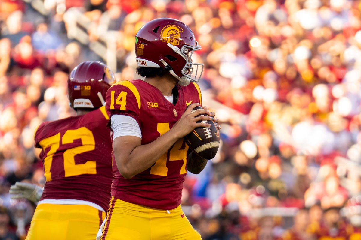 Southern California Trojans quarterback Jayden Maiava (14) drops back to pass during an NCAA football game against the Georgia Southern Eagles, Saturday September 6th, 2025 in Los Angeles, California. 