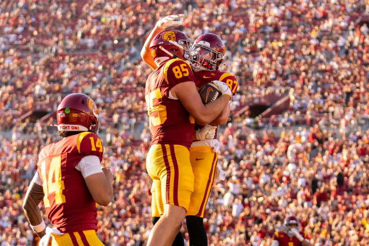 Southern California Trojans tight end Walker Lyons (85) celebrates his touchdown catch during an NCAA football game against the Georgia Southern Eagles, Saturday September 6th, 2025 in Los Angeles, California. 