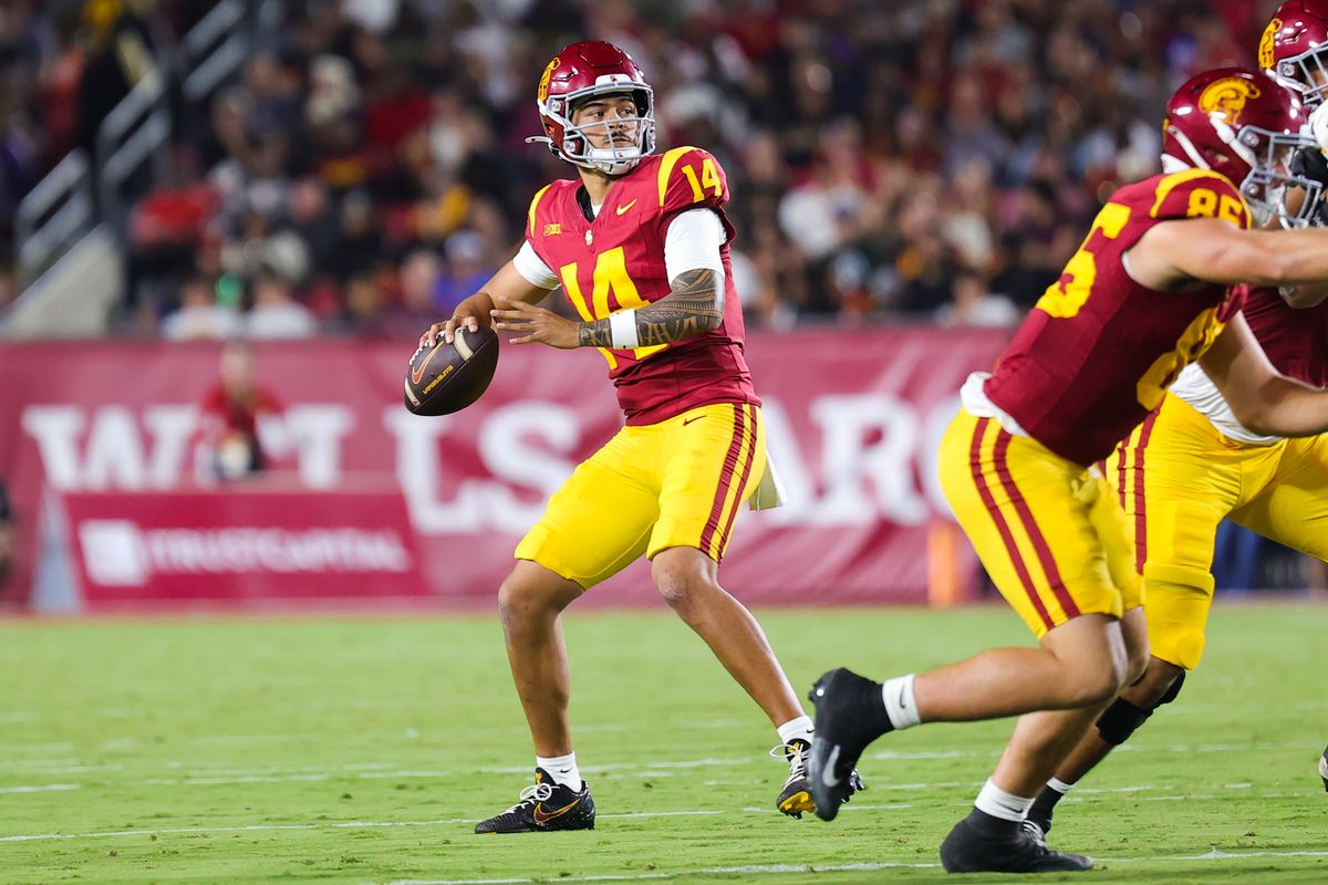 #14 Jayden Maiava of USC drops back to pass during an NCAA football game against Michigan State, September 20, 2025 in Los Angeles, CA.