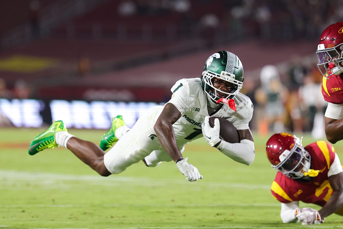 #1 Omari Kelley of Michigan State is stopped for a down during an NCAA football game against USC, September 20, 2025 in Los Angeles, CA.