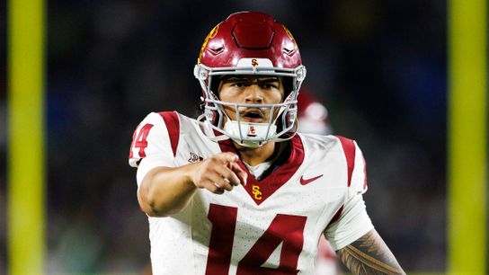 Jayden Maiava #14 of the USC Trojans signals during the game against Notre Dame Fighting Irish at Notre Dame Stadium on October 18, 2025 in South Bend, Indiana. 