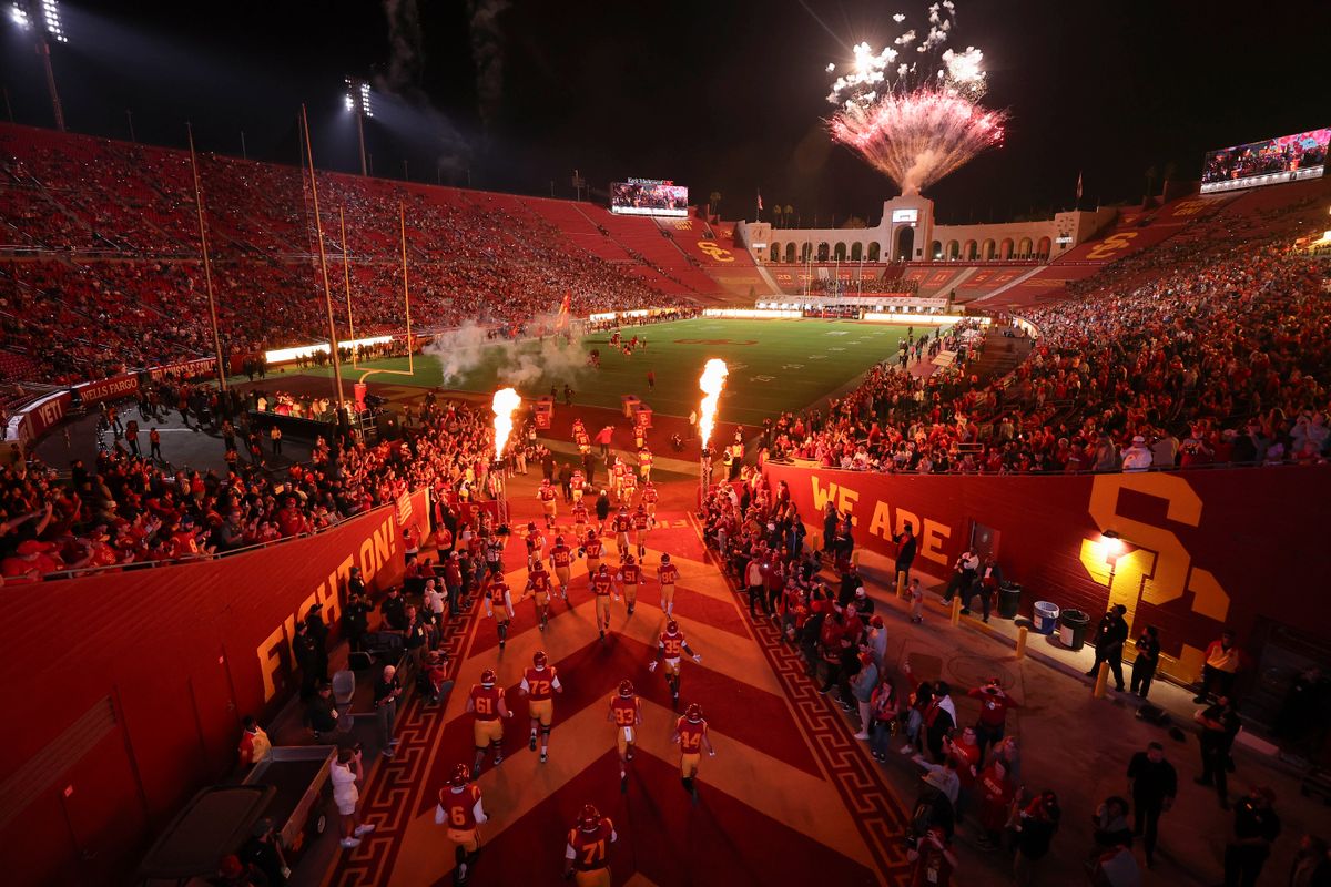 The USC Trojans run out of the LA Coliseum tunnel before an NCAA football game against the Northwestern Wildcats, Friday November 7, 2025 in Los Angeles, Calif. The USC Trojans run out of the LA Coliseum tunnel before an NCAA football game against the Northwestern Wildcats, Friday November 7, 2025 in Los Angeles, Calif.