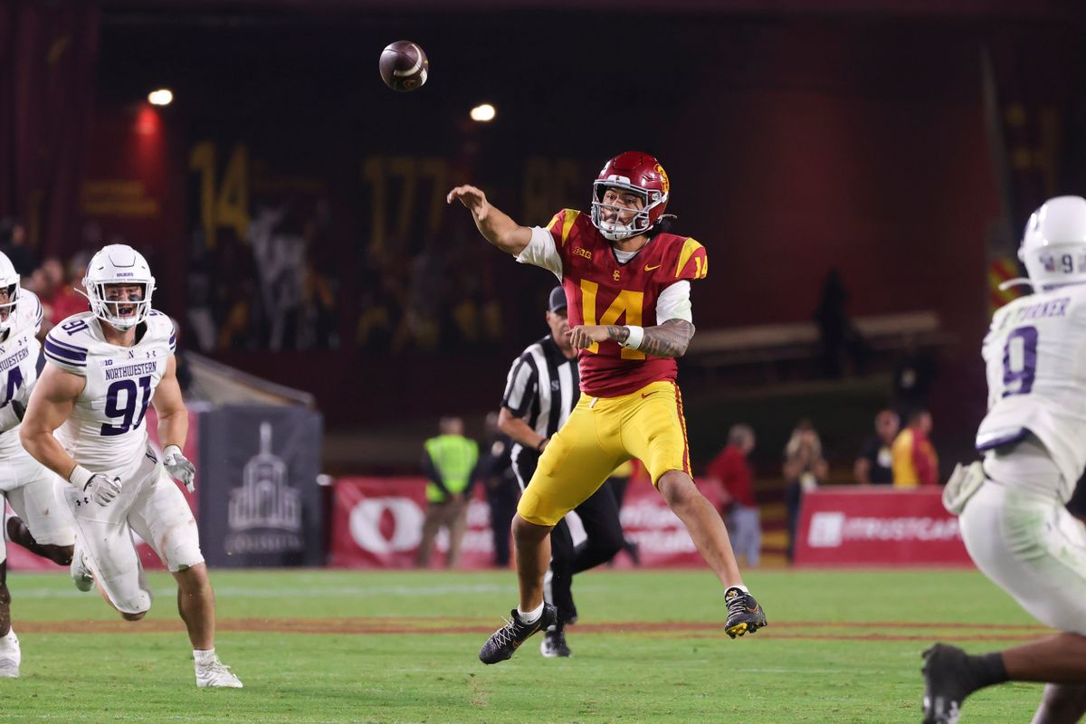 Quarterback Jayden Maiava #14 of the USC Trojans throws a pass during an NCAA football game against the Northwestern Wildcats, Friday November 7, 2025 in Los Angeles, Calif. Quarterback Jayden Maiava #14 of the USC Trojans throws a pass during an NCAA football game against the Northwestern Wildcats, Friday November 7, 2025 in Los Angeles, Calif.