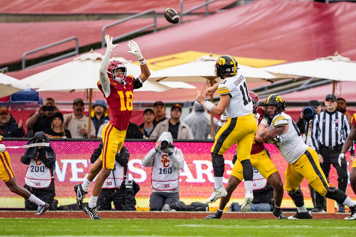 Iowa Hawkeyes quarterback, Mark Gronowski (11) makes a pass over a leaping defender during an NCAAF football game against the USC Trojans on November 15, 2025 in Los Angeles, CA. Iowa Hawkeyes quarterback, Mark Gronowski (11) makes a pass over a leaping defender during an NCAAF football game against the USC Trojans on November 15, 2025 in Los Angeles, CA.