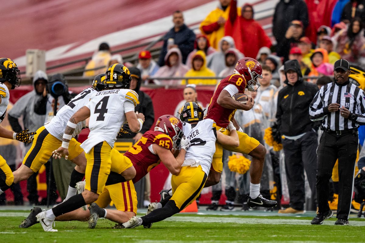 USC Trojans wide receiver, Ja'Kobi Lane (6) breaks tackles during an NCAAF football game against the Iowa Hawkeyes on November 15, 2025 in Los Angeles, CA. USC Trojans wide receiver, Ja'Kobi Lane (6) breaks tackles during an NCAAF football game against the Iowa Hawkeyes on November 15, 2025 in Los Angeles, CA.