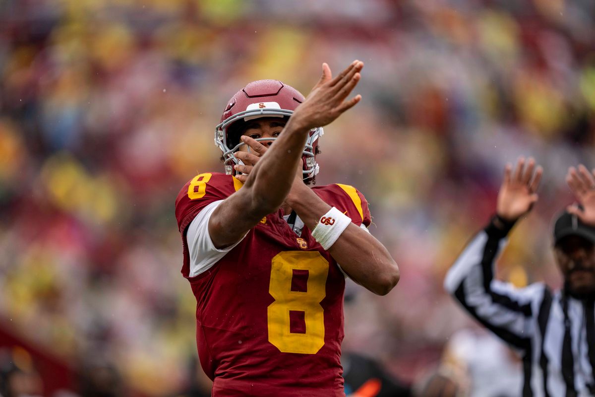 USC Trojans wide receiver, Ja'Kobi Lane (8) celebrates a big play during an NCAAF football game against the Iowa Hawkeyes on November 15, 2025 in Los Angeles, CA. USC Trojans wide receiver, Ja'Kobi Lane (8) celebrates a big play during an NCAAF football game against the Iowa Hawkeyes on November 15, 2025 in Los Angeles, CA.