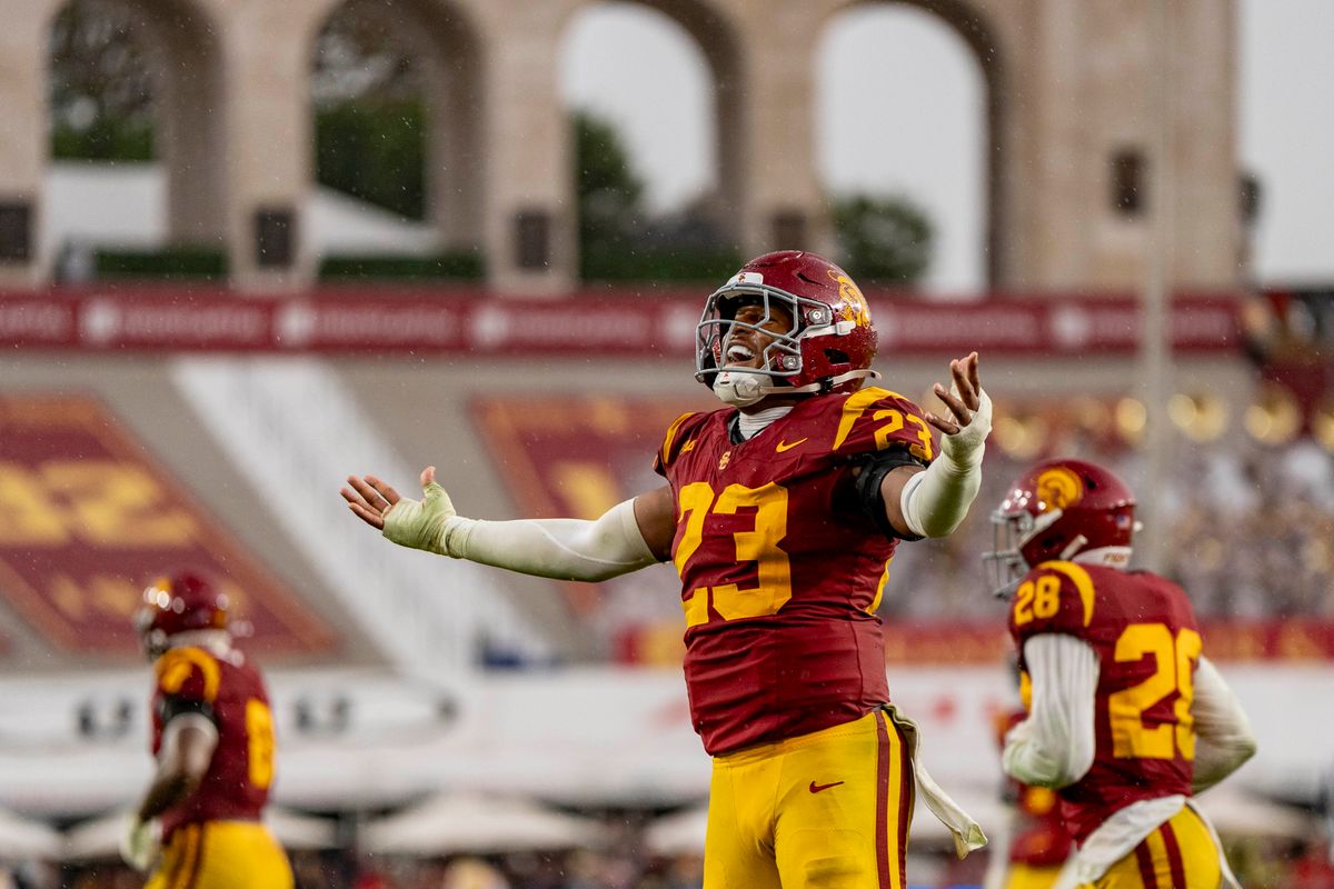 USC Trojans linebacker, Desmon Stephens (23) celebrates stopping a game-winning drive during an NCAAF football game against the Iowa Hawkeyes on November 15, 2025 in Los Angeles, CA. USC Trojans linebacker, Desmon Stephens (23) celebrates stopping a game-winning drive during an NCAAF football game against the Iowa Hawkeyes on November 15, 2025 in Los Angeles, CA.