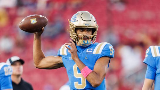 UCLA Bruins quarterback Nico Iamaleava (9) warms up before a NCAAF game against the USC Trojans on November 29, 2025 in Los Angeles, CA.