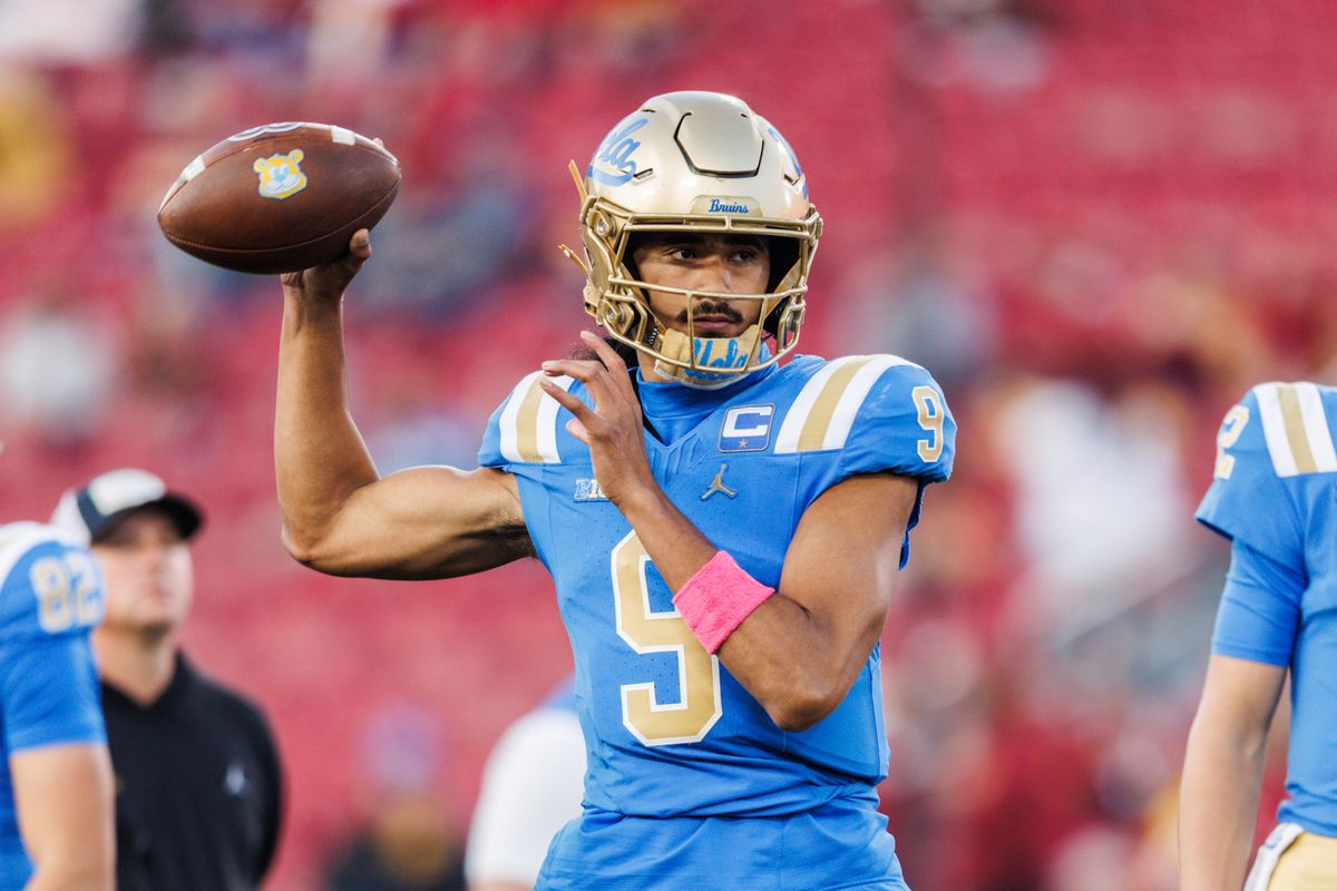 UCLA Bruins quarterback Nico Iamaleava (9) warms up before a NCAAF game against the USC Trojans on November 29, 2025 in Los Angeles, CA.