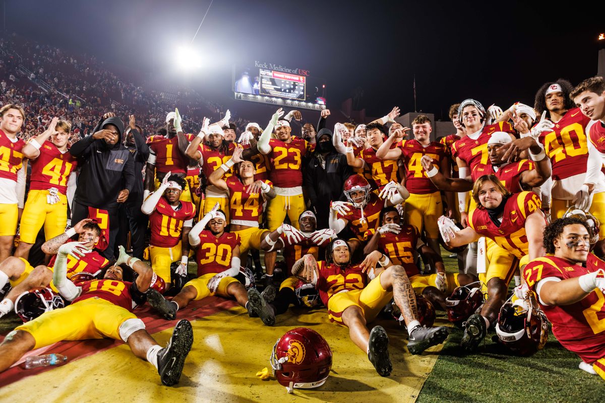 Southern California Trojans pose up for a team photo after a NCAAF game against the UCLA Bruins on November 29, 2025 in Los Angeles, CA.